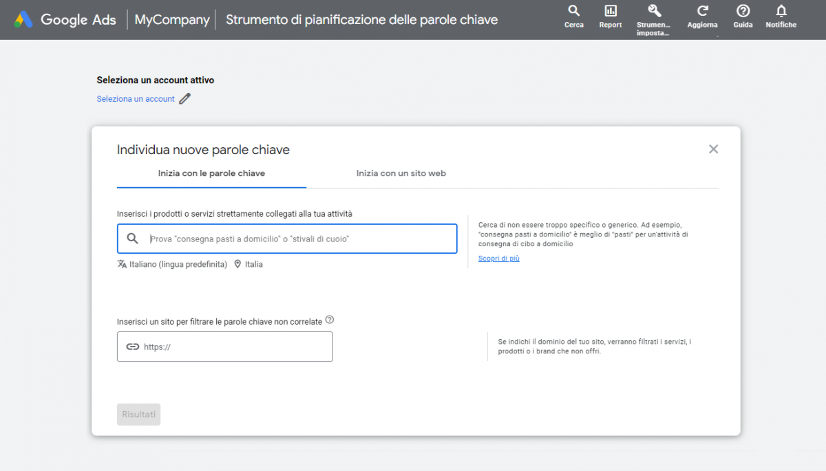 pianificazione parole chiave